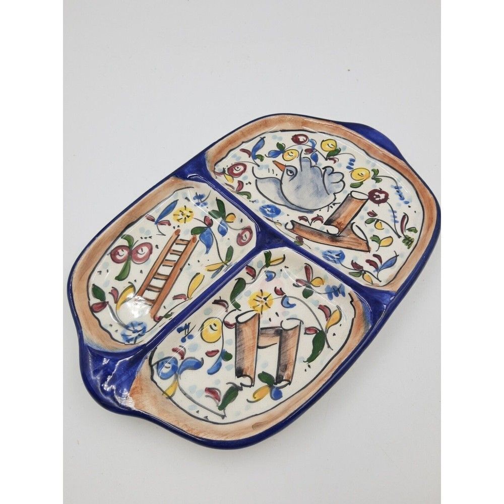 𝅺VINTAGE Hand Painted Three-Section Ceramic Olive Serving Dish, Made in Portuga